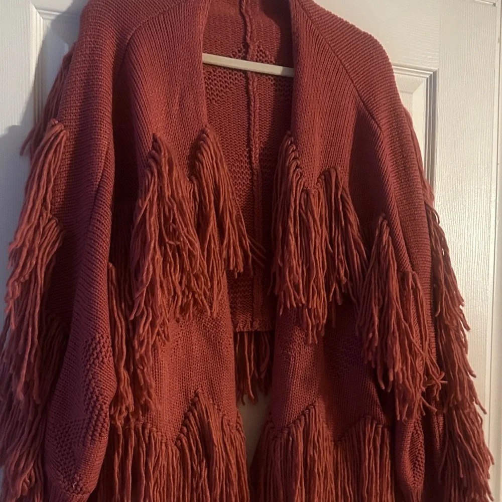 Vici Terracotta Fringed Cardigan - Picture 2 of 8
